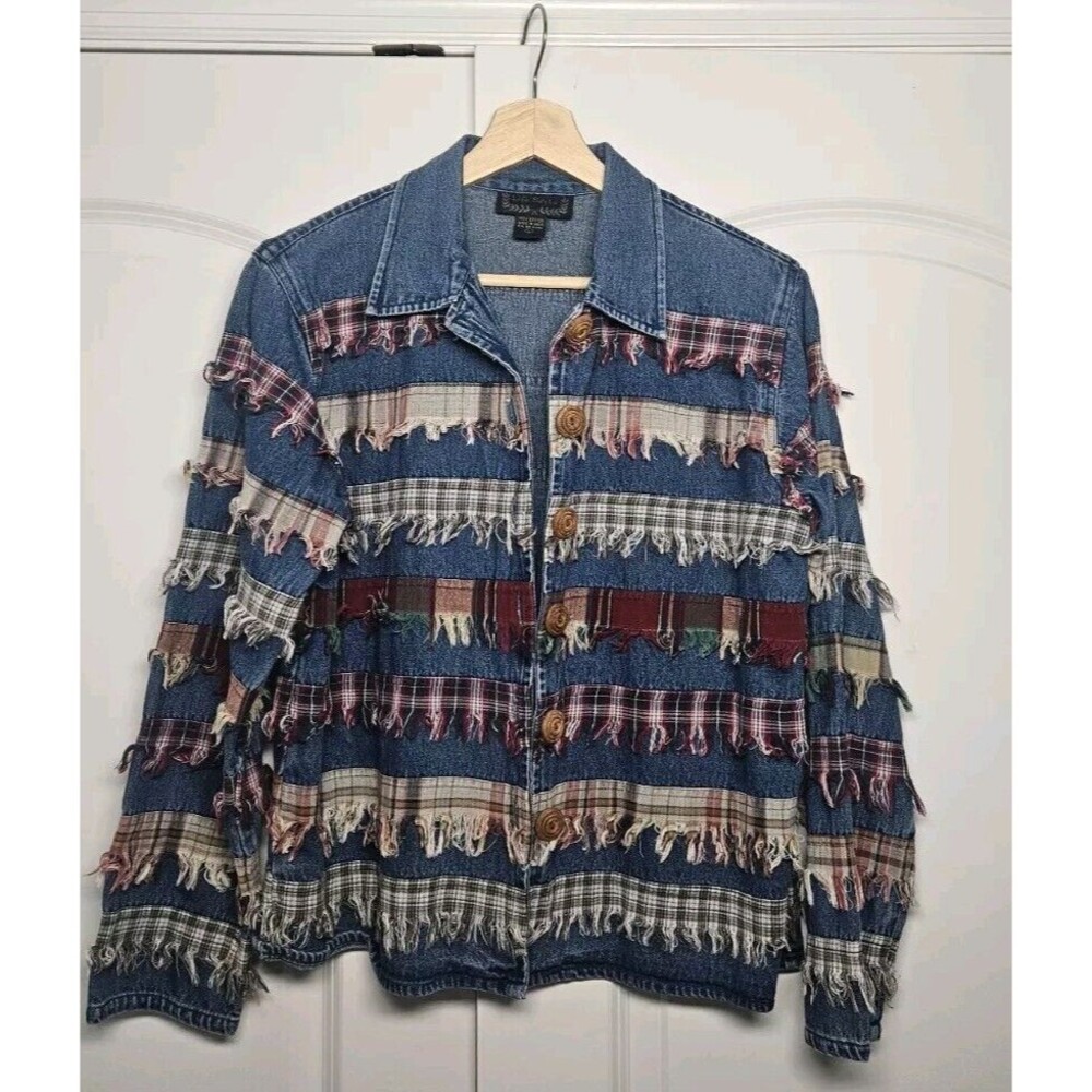 Vintage Denim Jacket Plaid Fringe Patchwork Boho Western Size L